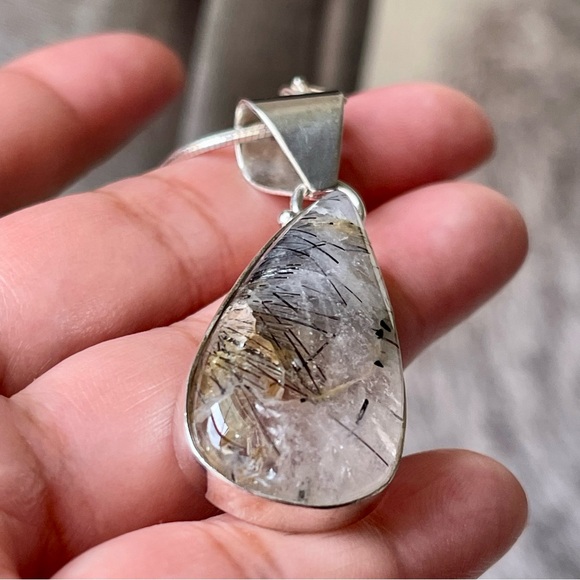 Hand Crafted Jewelry - Black Rutilated Quartz Tear Drop Pendant 925 Sterling Silver 19" Necklace Chain